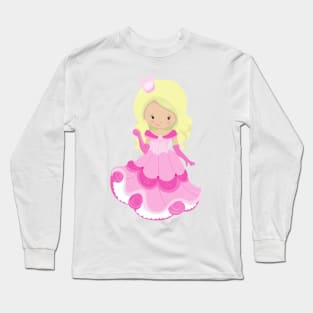Cute Princess, Crown, Pink Dress, Blonde Hair Long Sleeve T-Shirt